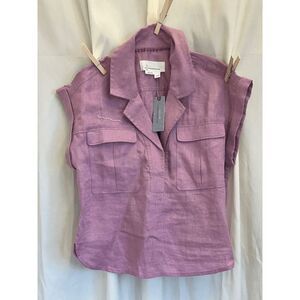 New Anthropologie Women's Short Sleeve Blouse Top Collared Pocket Lilac Purple X